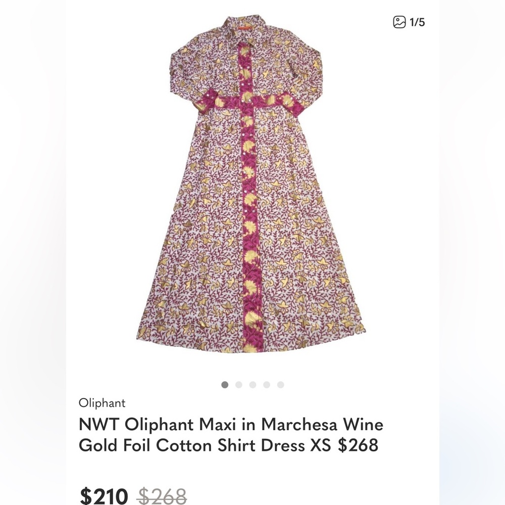 Oliphant Maxi In Marchesa Wine, Gold Foil Cotton Shirt Dress - Picture 2 of 14